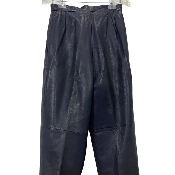 Vintage Blue Leather Pants Womens Pleated Front Side Pockets Cuffed Hem Sz Small - Picture 3 of 5